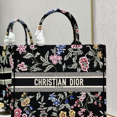 Dior Book Tote Replica Black Multicolor Petites Fleurs Embroidery