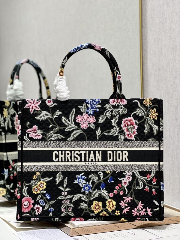 Dior Book Tote Replica Black Multicolor Petites Fleurs Embroidery